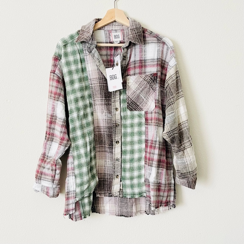 BDG XS Oversized patchwork flannel button down shirt